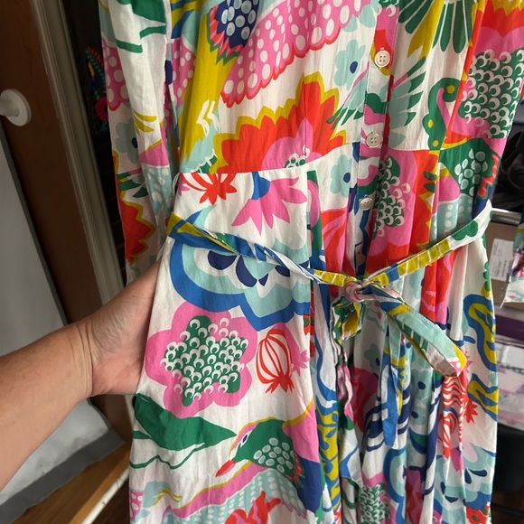 Boden Whimsical Colorful Floral Bird Print Tie Waist Shirt Midi Dress - Picture 6 of 11